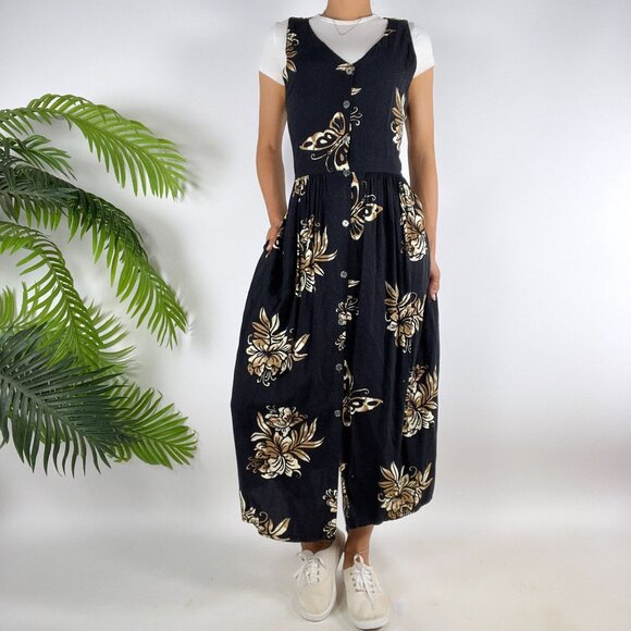 Vintage 90s Black Floral Boho Cottagecore Sleeveless Button Maxi Dress / Small - Picture 1 of 7